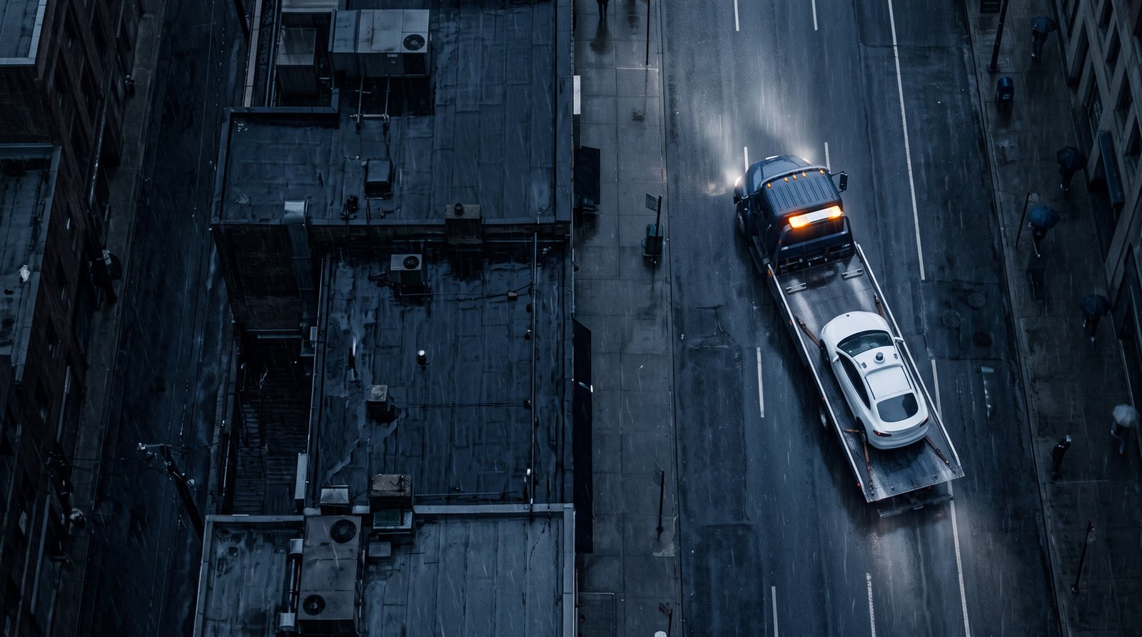 Seen from above on a rainy night, a flatbed tow truck carries a white driverless car down a city street