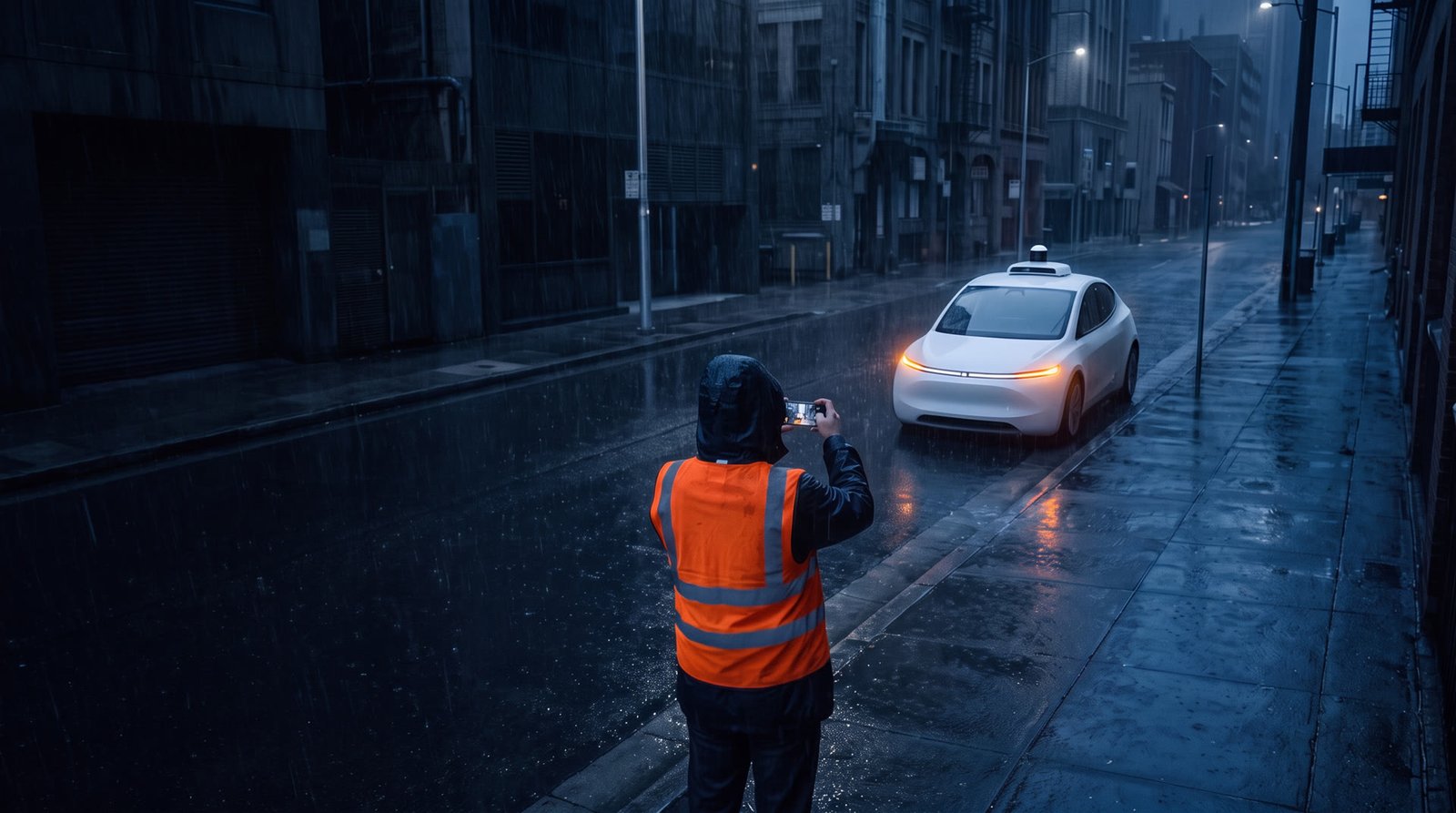 A person in an orange safety vest photographs a stopped white robotaxi from a distance on a rainy street at night